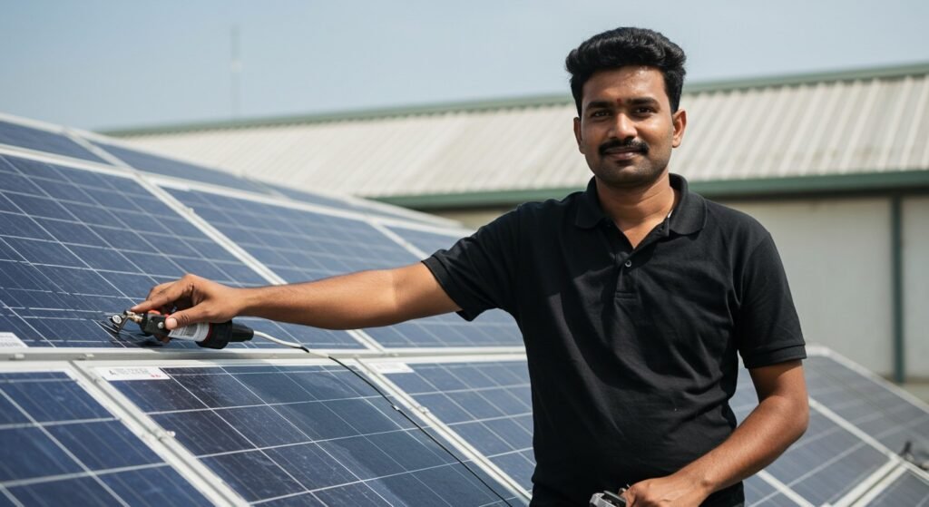 Solar panels installed on a large corporate building rooftop