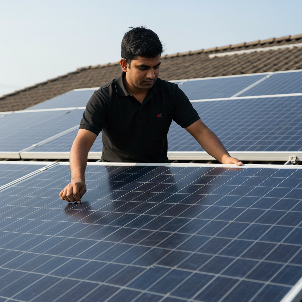 Man inspecting solar panels on a rooftop, wearing a black shirt, under clear skies.