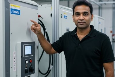 Man in black shirt points at industrial equipment with control panel, in a facility setting.