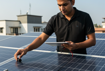 Man inspecting solar panels with a tablet on a sunny rooftop.