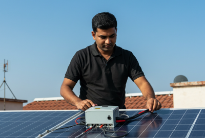 Man in black shirt adjusting cables on a solar panel under a clear blue sky.